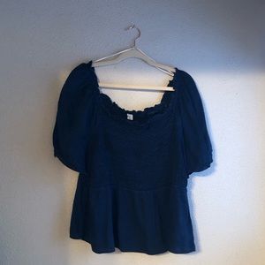 Ruched denim blouse with puff sleeves
